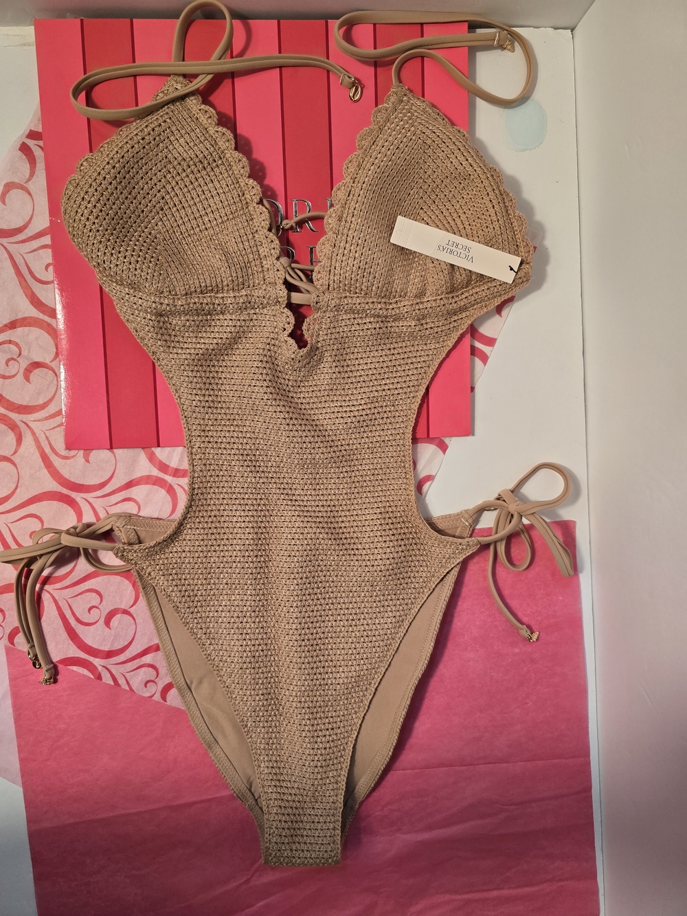 NWT Victoria Secret Tan Crochet  One-Piece Swimsuit